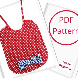 May include: A red and white polka dot bib with a blue and white bow tie. The bib has adjustable straps and is a beginner sewing project. PDF Pattern.
