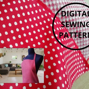 Red fabric with white polka dots. The fabric is folded in half and the fold is visible. The fabric is labeled 'DIGITAL SEWING PATTERN'. In the lower left corner is a photo of an apron on a mannequin in the living room.