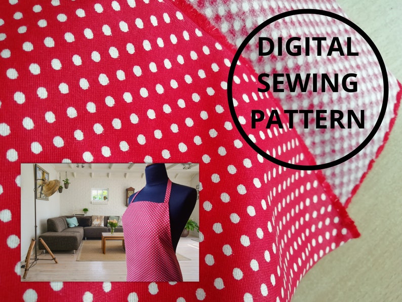 Red fabric with white polka dots. The fabric is folded in half and the fold is visible. The fabric is labeled 'DIGITAL SEWING PATTERN'. In the lower left corner is a photo of an apron on a mannequin in the living room.