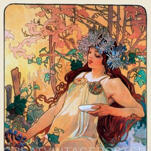 Reproducción de póster vintage de Mucha, otoño, vid, uvas, niña, Art Nouveau
