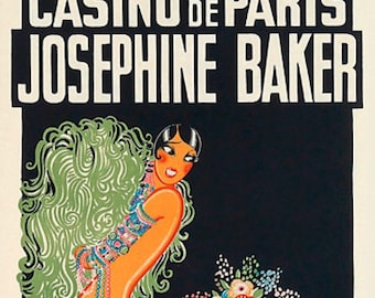 May include: A vintage poster advertising a performance by Josephine Baker at the Casino de Paris. The poster features a black and white illustration of Josephine Baker in a green feathered costume, holding a bouquet of flowers. The poster also features the text "Casino de Paris" and "Josephine Baker" in large, bold letters.