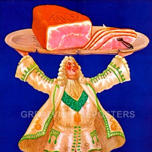 May include: Vintage poster illustration of a man in a cream-colored suit with green accents, holding a platter of meat. The meat includes a large ham and bacon slices. The background is a deep blue.