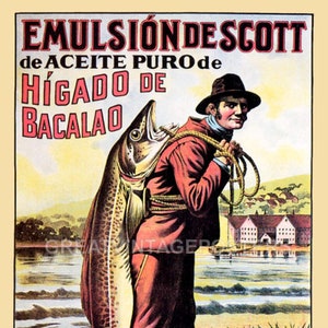 Poster Emulsion De Scott Higado Bacalao Liver Cod Fish Fisherman Vintage Repro