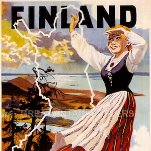 Finland Gulf Finnish Woman Map Tourism Travel Ocean View Vintage Poster Repro