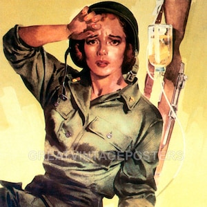 Mujer de la Segunda Guerra Mundial. Se necesitan más enfermeras. Reproducción de póster vintage del Cuerpo de Enfermeras del Ejército de los Estados Unidos.