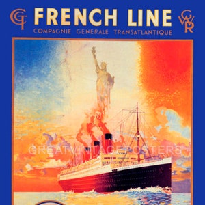 French Line Transatlantic Plymouth To New York Ship Travel Vintage Poster Repro