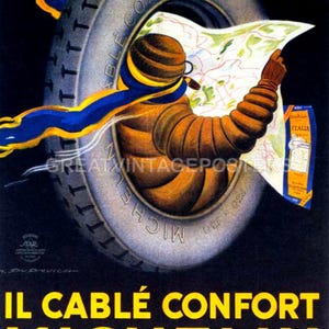 May include: Vintage Michelin tire advertisement. A figure in a brown suit and blue scarf examines a map, set against a tire. The poster features the text "IL CABLÉ CONFORT MICHELIN" in yellow and red, promoting road comfort.