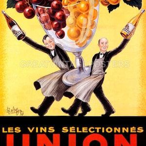 Reproducción de póster vintage francés de Les Vins Selectionnes Union Wine Glass Waiter Uvas
