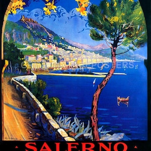 Salerno Amalfi Coast View Mediterranean Sea Travel Italy Vintage Poster Repro