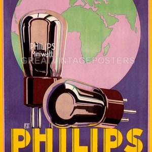 Reproducción de póster vintage publicitario de Philips Radio Valves Globe World Sound Miniwatt