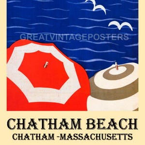 Chatham Beach Cape Cod Mass Seagull Summer Ocean Boat Parasol Vintage Poster