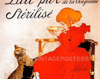 Lait Pur Sterilise Sterilized Pure Milk Girl Cats  French Vintage Poster Repro