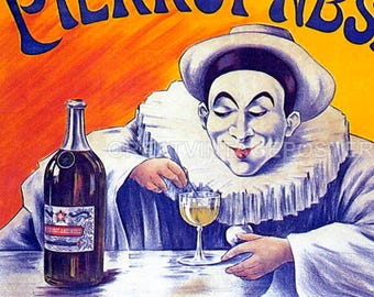 Pierrot Clown Having Absinthe French Drink the Green Fairy Vintage