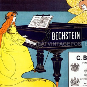 Pianos C. Bechstein Woman Playing Music Angels Listening Vintage Poster Repro