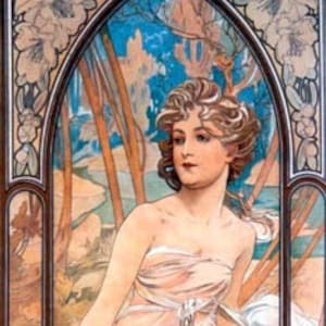 Mujer con vestido ondulante en el viento otoñal de Mucha, póster vintage Art Nouveau