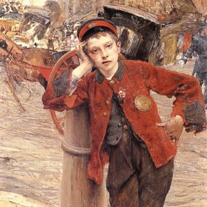 May include: A young boy in a red jacket and a cap leans against a lamppost. He is wearing brown pants and black shoes. He has a serious expression on his face. The boy is standing on a cobblestone street. There is a box with the text "CARR'S CRACKINS" on the ground.