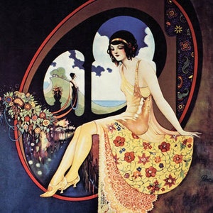 May include: A vintage advertisement for Ruby Ring featuring a woman in a yellow dress with floral embroidery and lace trim. She is sitting in a window with a view of a distant shore. The text "Ruby Ring" is written in red at the bottom of the image.