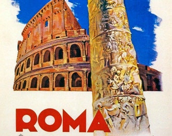May include: A vintage travel poster advertising Rome, Italy. The poster features a colorful illustration of the Colosseum and Trajan's Column against a blue sky with white clouds. The text "ROMA" is in large red letters at the bottom of the poster.