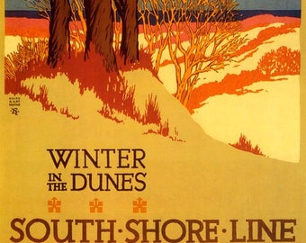 25 Miles of Beach via South Shore Line vintage train travel poster repro 12x18