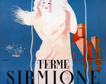 May include: A vintage travel poster advertising Terme Sirmione, a spa resort on Lake Garda in Italy. The poster features a woman holding a large white pitcher with steam rising from it, surrounded by flowers. The text on the poster reads "Lago di Garda" and "Terme Sirmione Fanghi - Bagni - Inalazioni".