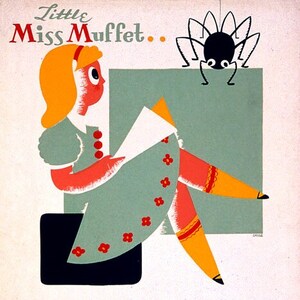 Póster vintage de niña leyendo un libro con aspecto de araña de Little Miss Muffet