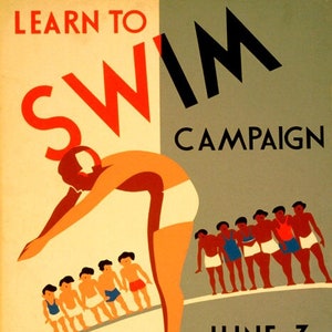 Campaña Aprende a Nadar Niños Piscina Infantil Deportes Americanos Cartel Vintage Reproducción