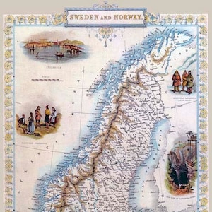 May include: An antique map of Sweden and Norway, showing the countries' borders, major cities, and geographical features. The map is printed in a vintage style with a light brown background and blue water features. The map is surrounded by a decorative border with floral motifs.