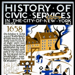 Póster vintage de servicios cívicos de la historia del crimen de The Rattle Watch de Nueva York de 1658