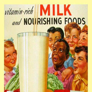 Póster vintage de leche vitamínica para niños, alimento nutritivo para una América fuerte