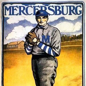 May include: A vintage baseball poster featuring a player in a blue and white uniform with the letter "M" on his cap and jersey. The poster has a yellow background with a blue sky and clouds. The text "MERCERBURG" is at the top of the poster. The artist's name, "Bristow Adams", is at the bottom of the poster.
