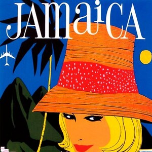 Jamaica Airplane Sun Girl Hat Summer Beach Tourism Travel Vintage Poster Repro