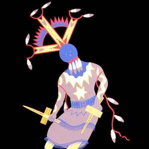 May include: A colorful poster advertising the Indian Court at the Golden Gate International Exposition in San Francisco in 1939. The poster features a stylized illustration of an Apache Devil Dancer in a traditional costume, holding a rattle and a stick. The text "Indian Court Federal Building Golden Gate International Exposition San Francisco 1939" is printed below the illustration.