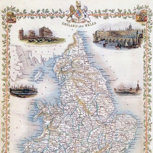 May include: A vintage map of England and Wales, featuring a detailed outline of the country with rivers and roads. The map is surrounded by a decorative border of green leaves and includes several inset images of notable landmarks, such as bridges and buildings.