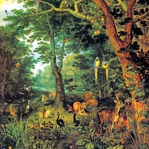 May include: A painting depicting a lush forest scene with a variety of animals, including a lion, a deer, a monkey, and several birds. The trees are full of green leaves and there are many flowers on the ground. The painting is done in a realistic style and the colors are vibrant.