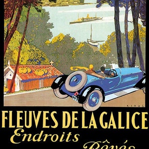May include: A vintage travel poster advertising a trip to Spain. The poster features a blue car driving along a winding road with a view of a bay and a boat in the distance. The text on the poster reads "Visitez l'Espagne" and "Fleuves de la Galice Endroits Rêves".