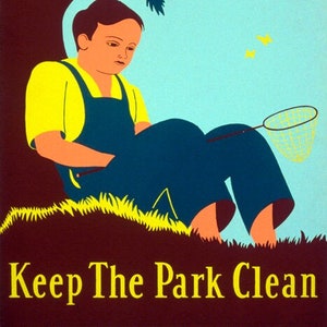 Butterfly Tree Boy Please Keep The Park Clean Environment Vintage Poster Repro