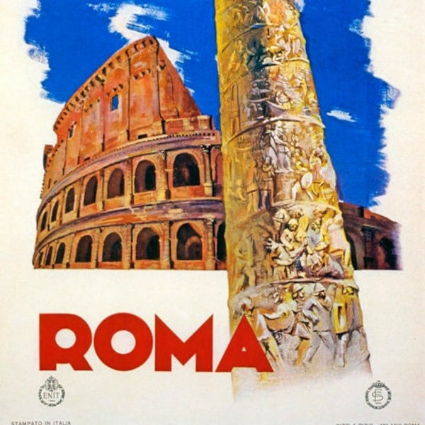 Roma Rome Landmarks Colosseum Trajan's Column Travel Italy Vintage Poster Repro