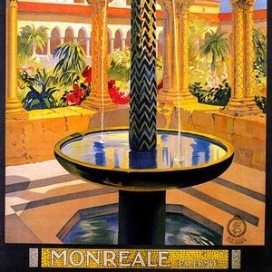 May include: A fountain with a decorative, black and green column in a courtyard with arches and a tiled floor. The fountain is surrounded by lush greenery and the courtyard is painted in warm yellow and orange tones. The text "MONREALE PALERMO" is at the bottom of the image.