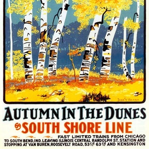 Reproducción de póster vintage de turismo de otoño en las dunas de la costa sur de Chicago, Illinois