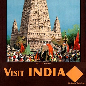 Visit India Budh Gaya Buddhism Mahabodhi Temple Travel Vintage Poster Repro