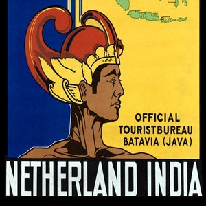 May include: A vintage travel poster advertising a trip to the Dutch East Indies. The poster features a map of the islands, a man wearing a traditional headdress, and the text "Come and See" and "Official Tourist Bureau Batavia (Java)" in bold, white letters. The poster is set against a yellow background with blue and green accents.