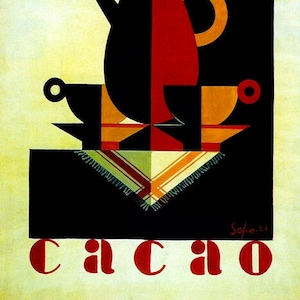 May include: Abstract art deco style poster featuring a black and red teapot with steam rising, two cups, and the word "cacao" in red. The design includes geometric shapes and a colorful tablecloth.