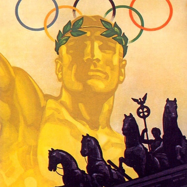Germany Berlin 1936 Olimpic Games Rings Athlete Gate Statue Vintage Poster Repro