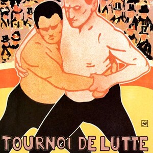 Puede incluir: Un cartel vintage que anuncia un torneo de lucha en Lieja, Bélgica. El cartel presenta a dos luchadores en un clinch, con el texto "Tournoi de Lutte de Liege a la Fontaine" en letras rosas sobre un fondo amarillo.