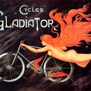 Gladiador Chica Voladora Bicicleta Ciclo Cabello Cielo Nocturno Estrellado Póster Vintage Reproducción