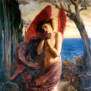Ángel enamorado en el viento otoñal, hojas volando en el mar, pintura de Simeón Salomón, reproducción