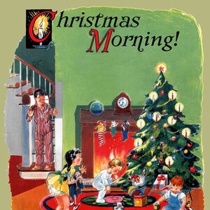 Niños jugando en la mañana de Navidad mirando regalos regalos póster vintage reproducción