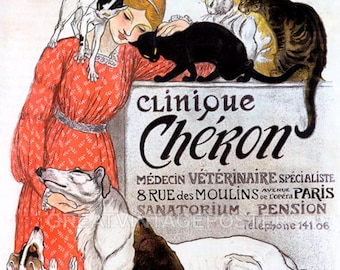 Vet Veterinary Clinique Cheron Cats And Dogs Paris France Vintage Poster Repro