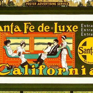 Reproducción de póster vintage publicitario de viajes en tren de lujo de Santa Fe, California