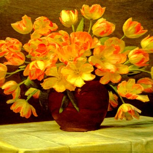 Tulips In A Vase On A Draped Table Flower Painting By Peter Johan Schou Repro